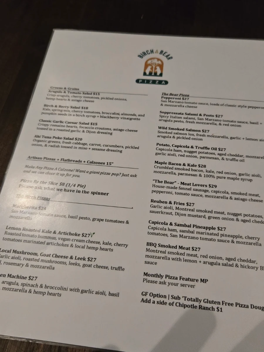Menu, Birch & Bear Pizza