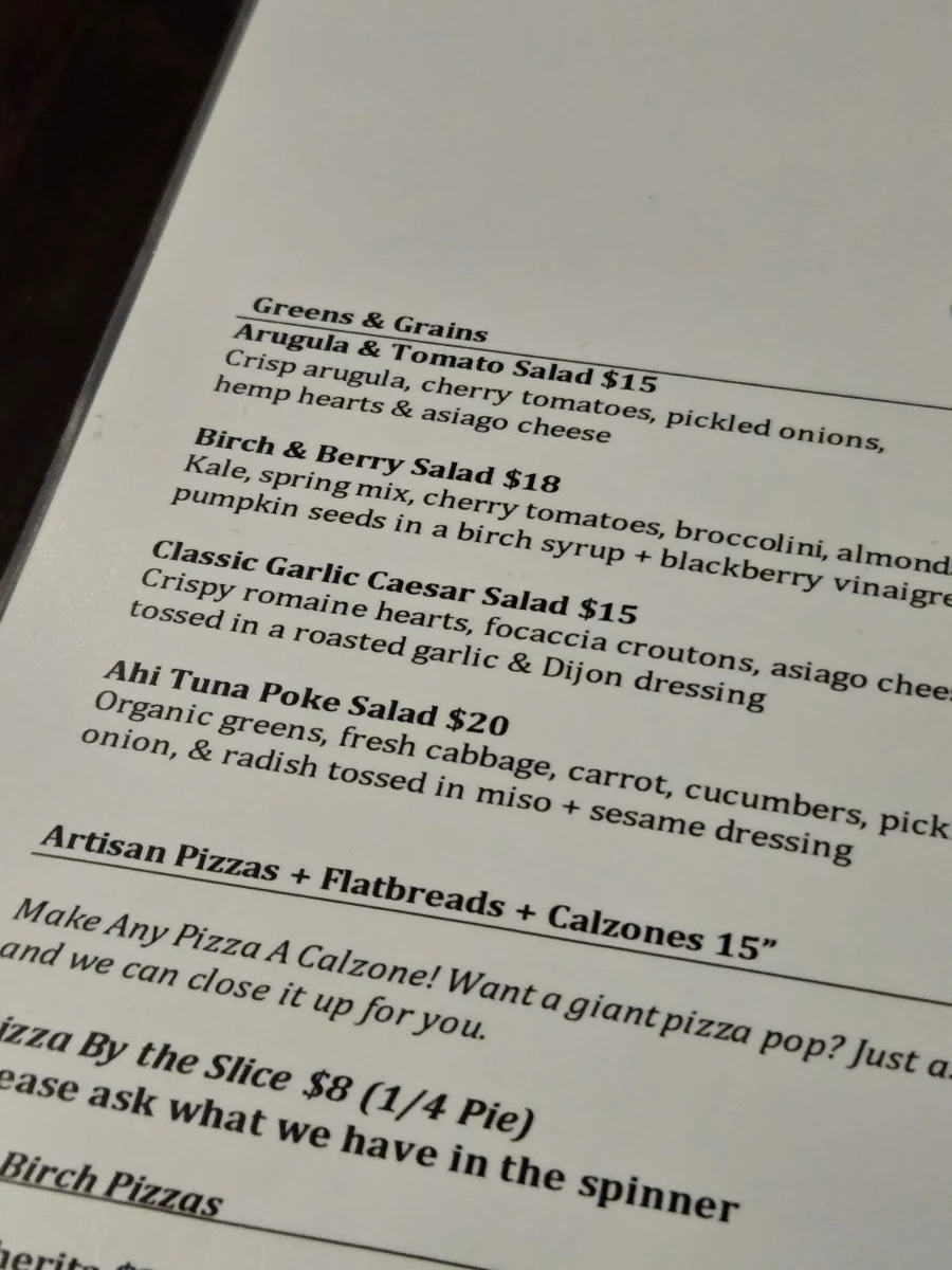 Menu, Birch & Bear Pizza