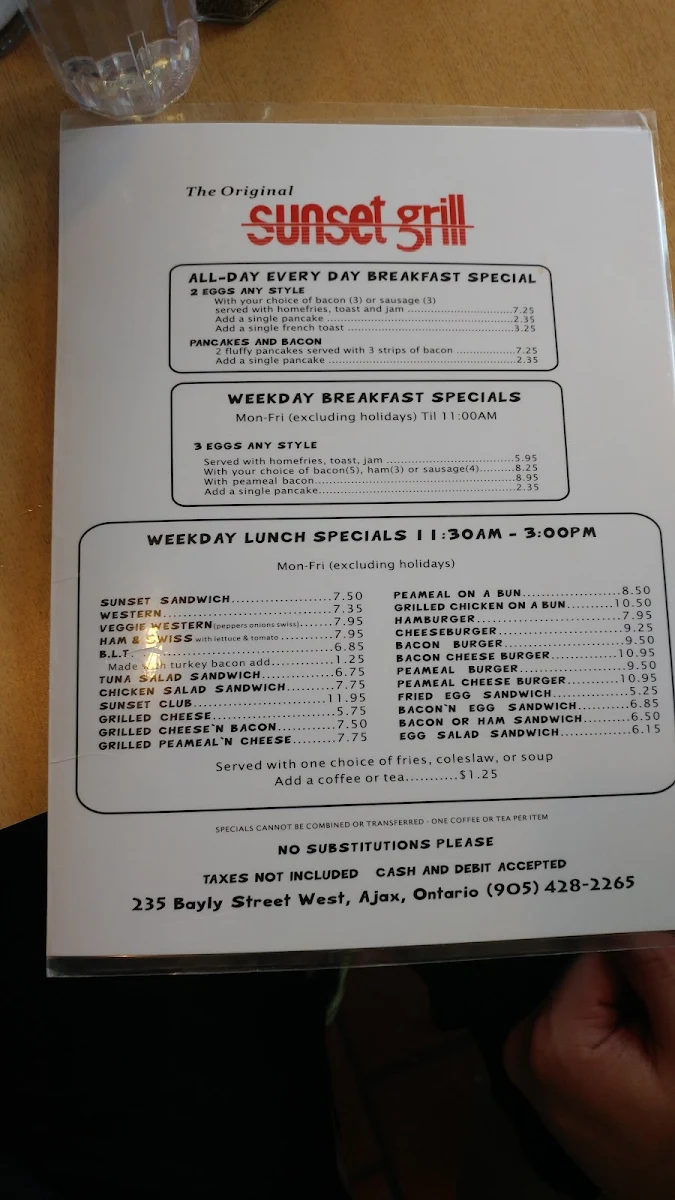 Menu, Sunset Grill