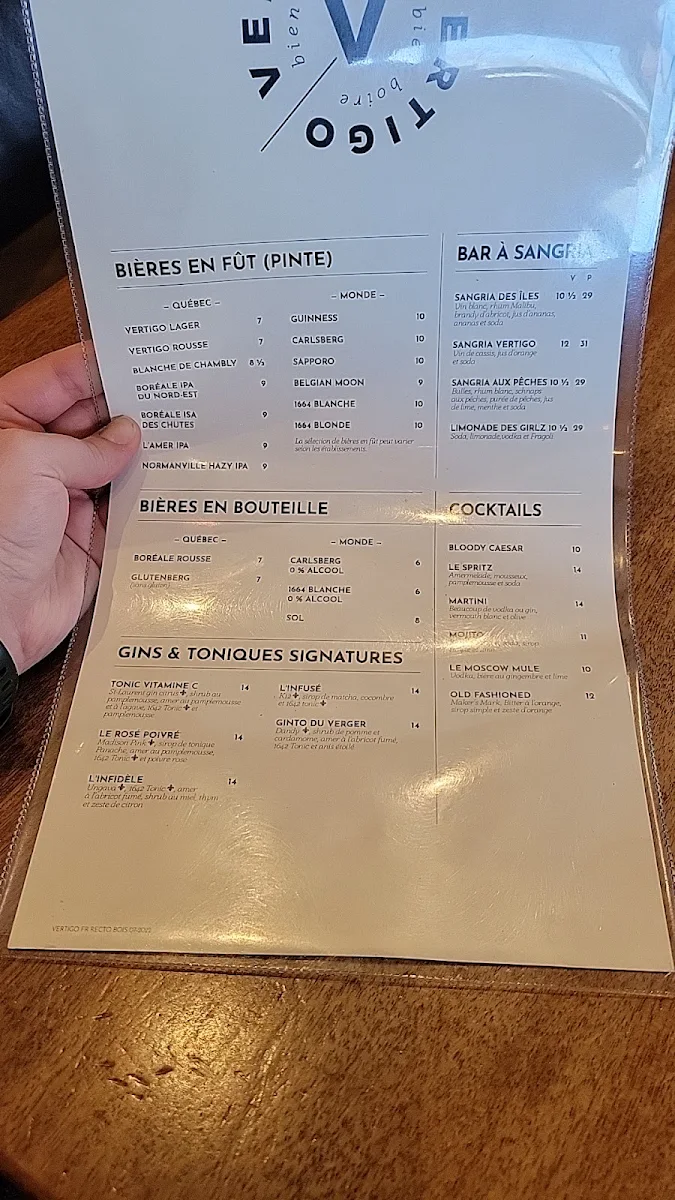 Menu, Restaurant Vertigo Boisbriand