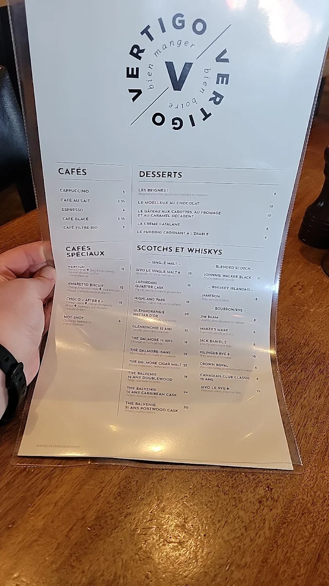 Menu, Restaurant Vertigo Boisbriand