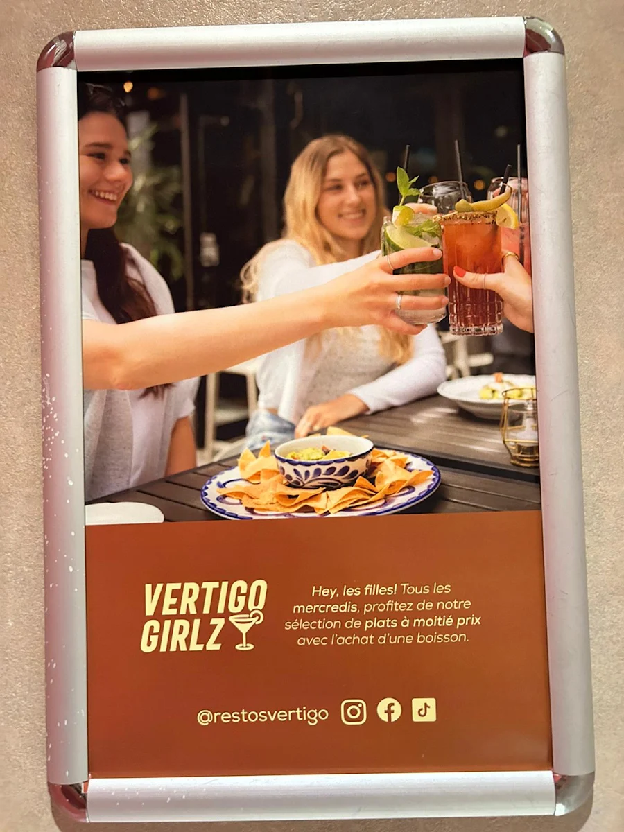 Menu, Restaurant Vertigo Boisbriand