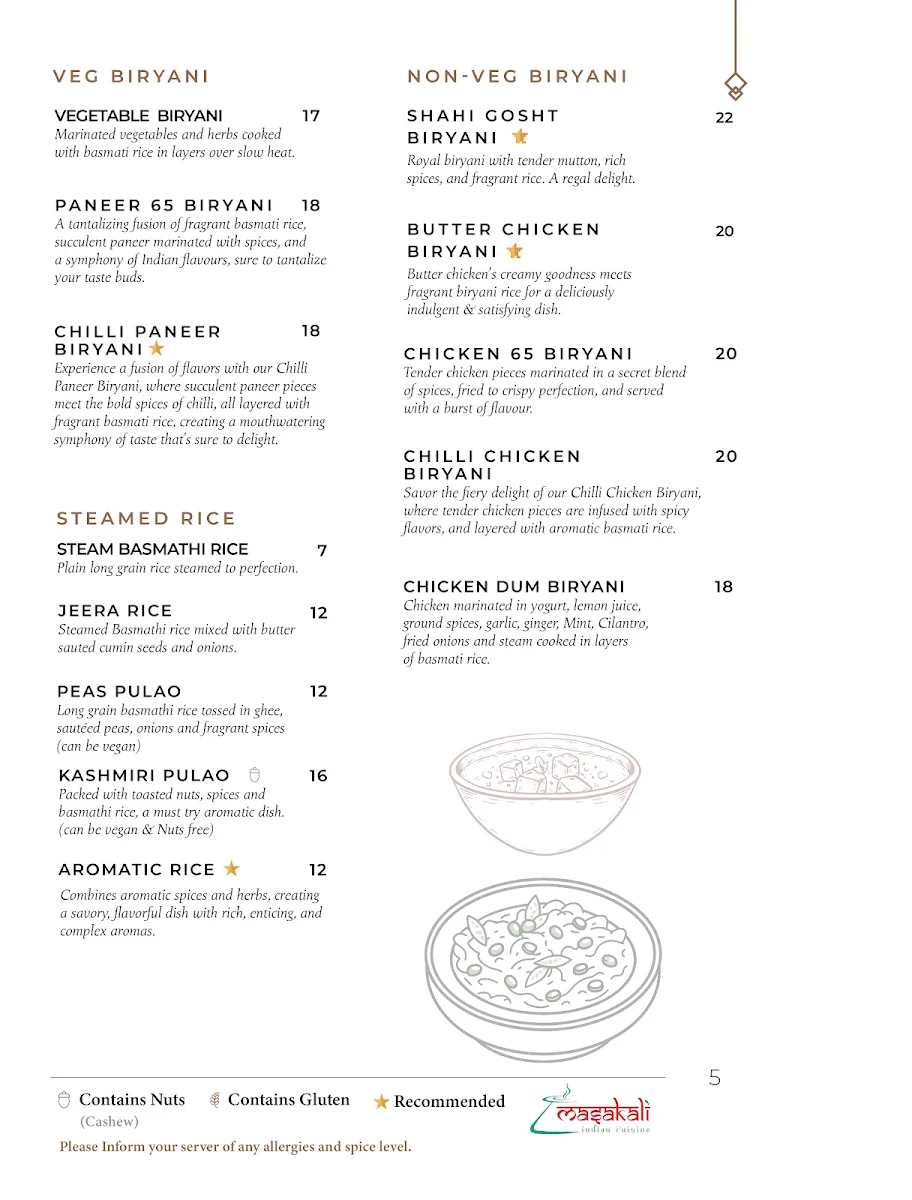 Menu, Masakali Indian Cuisine