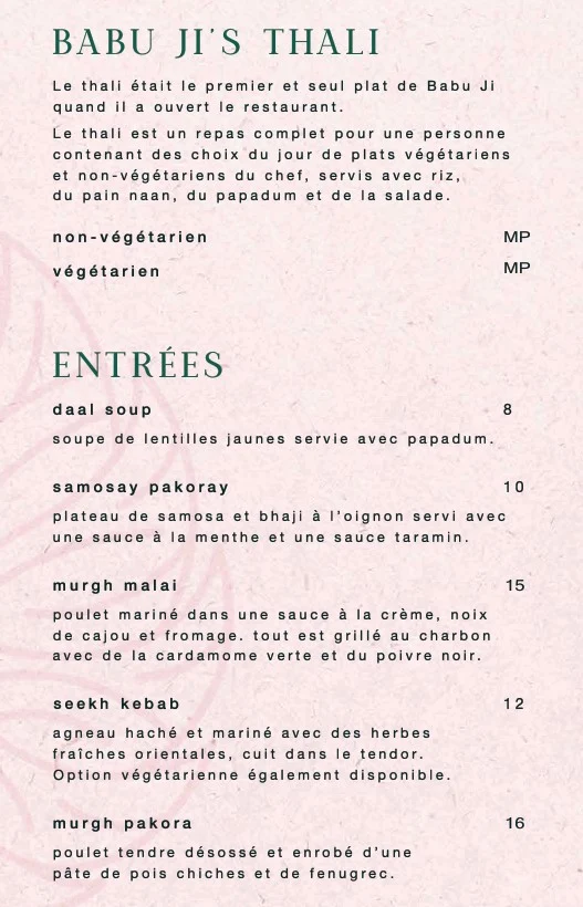 Menu, Darbar