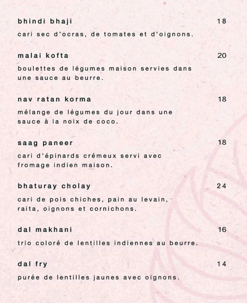 Menu, Darbar