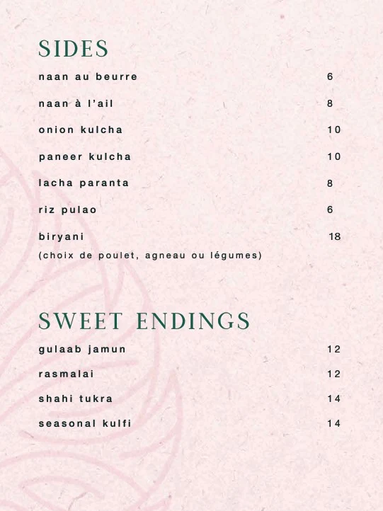 Menu, Darbar