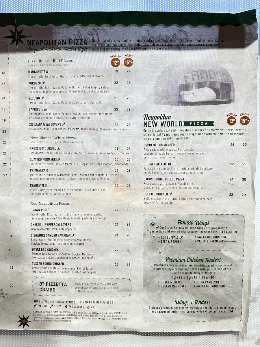 Menu, Famoso Italian Pizzeria - Market Square