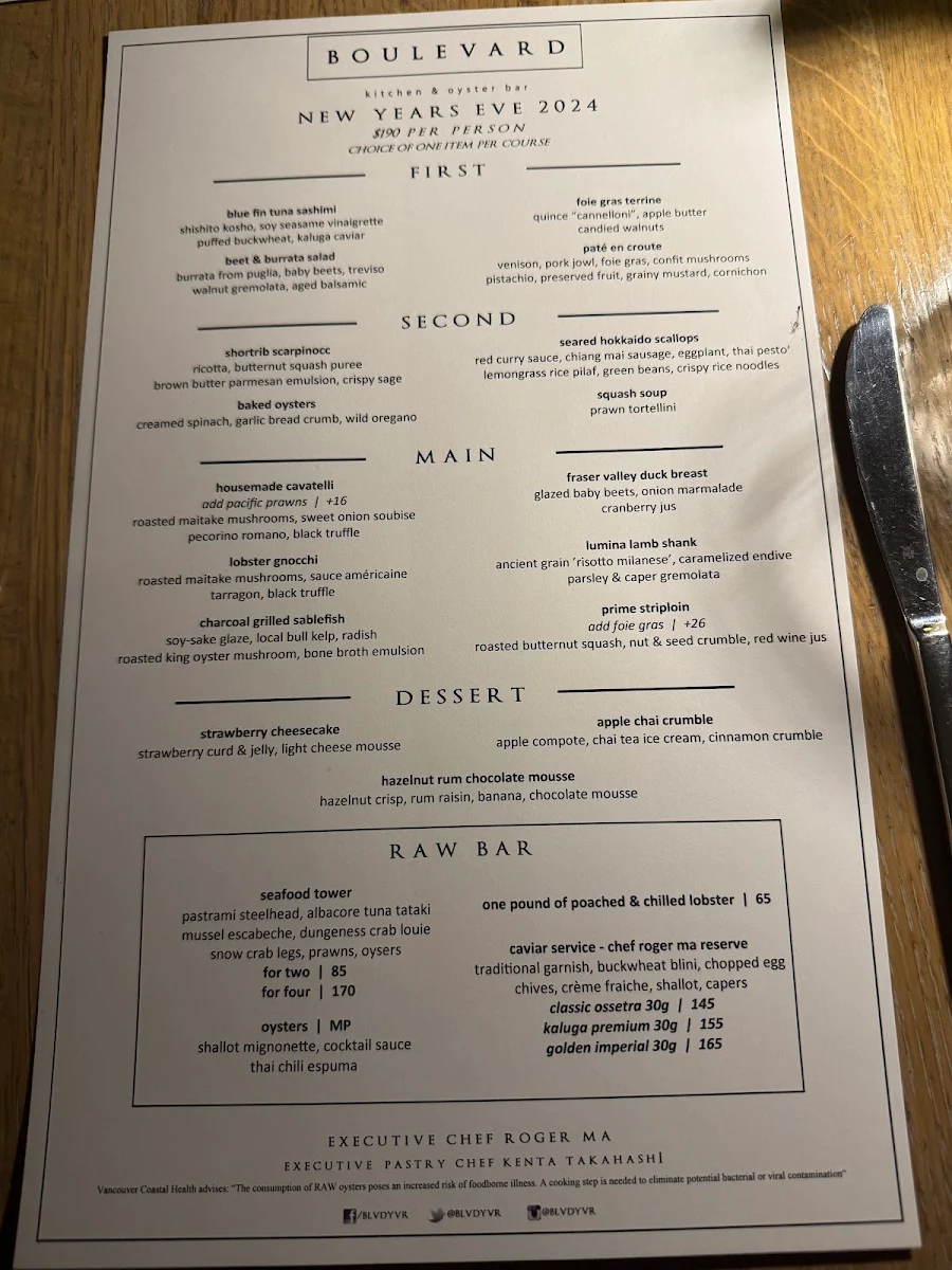 Menu, Boulevard Kitchen & Oyster Bar