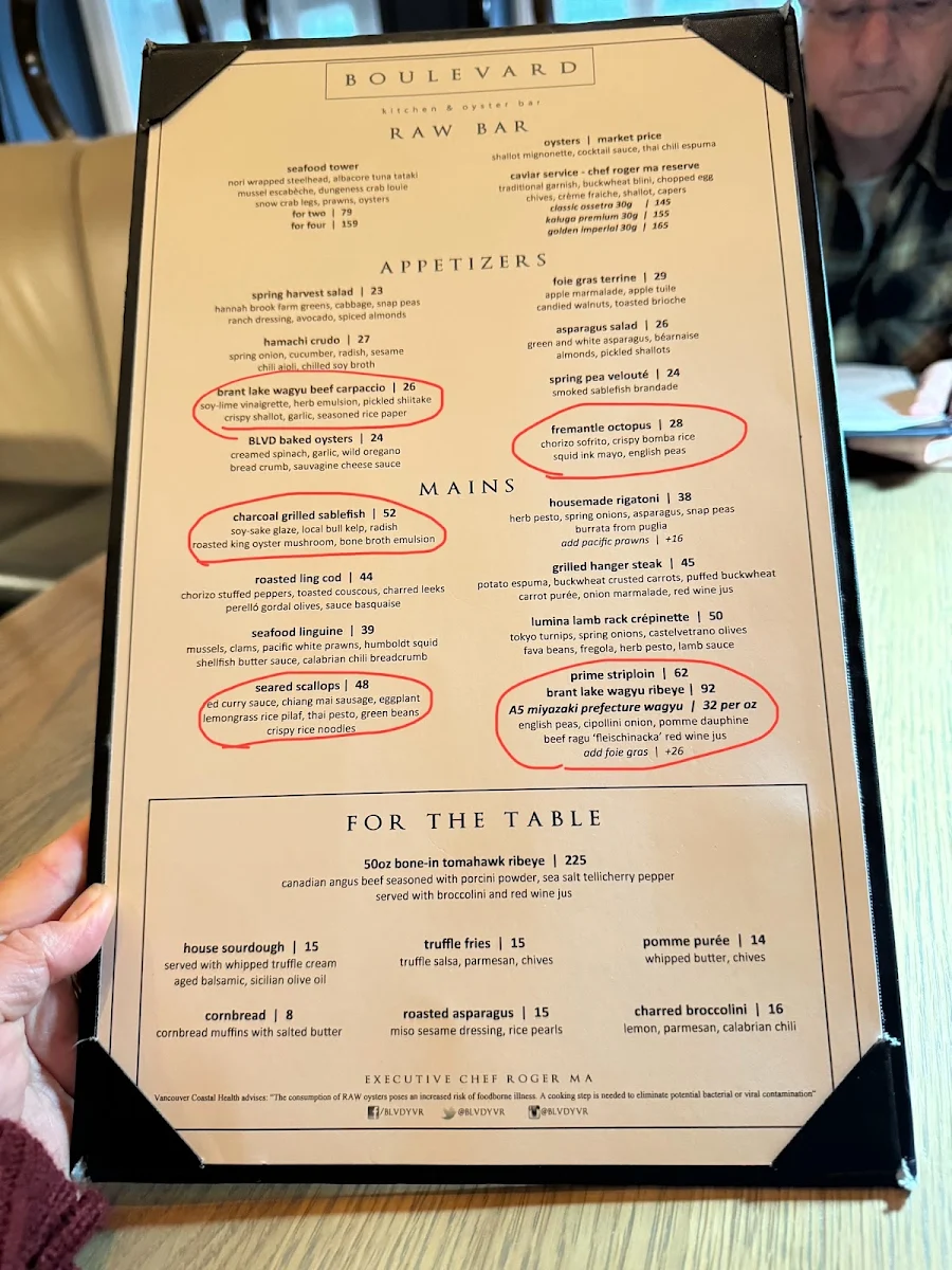 Menu, Boulevard Kitchen & Oyster Bar