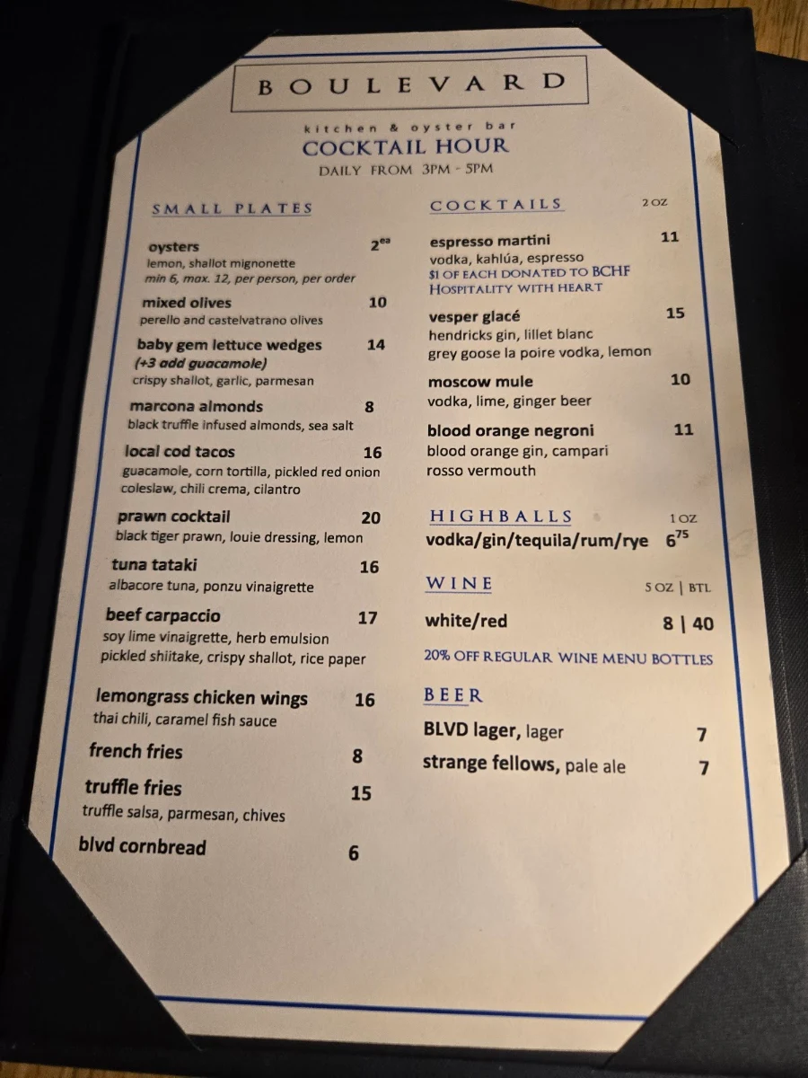 Menu, Boulevard Kitchen & Oyster Bar