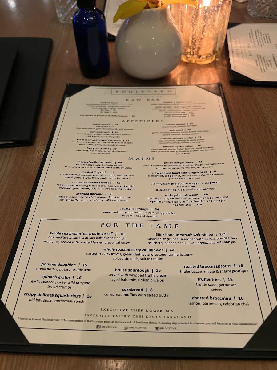 Menu, Boulevard Kitchen & Oyster Bar