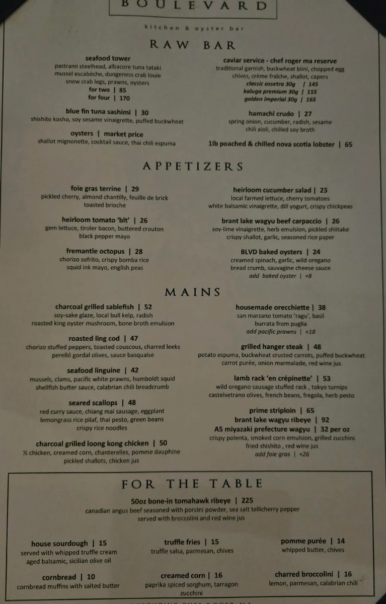 Menu, Boulevard Kitchen & Oyster Bar