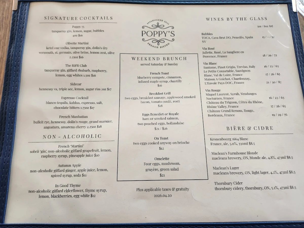 Menu, Poppy's French Bistro