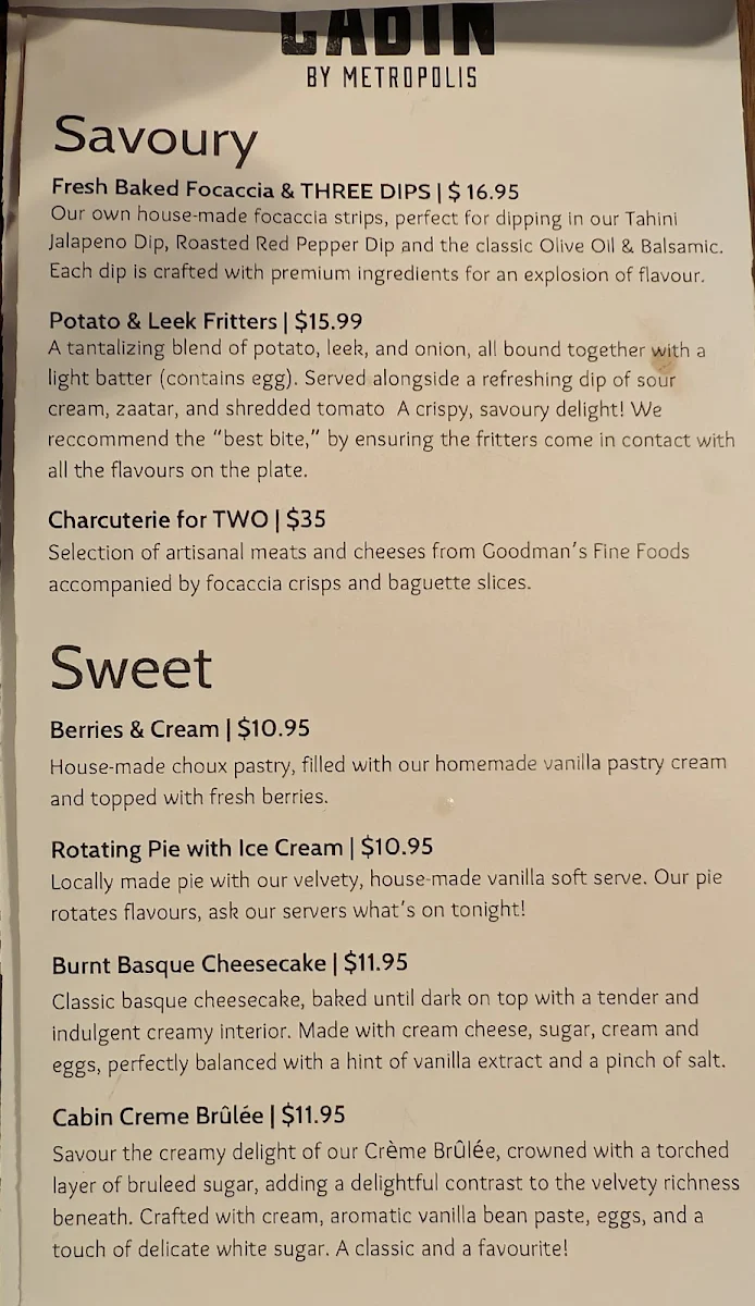 Menu, Metropolis Mercantile + Café