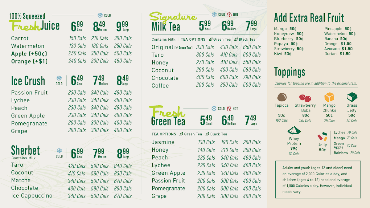 Menu, Real Fruit Bubble Tea
