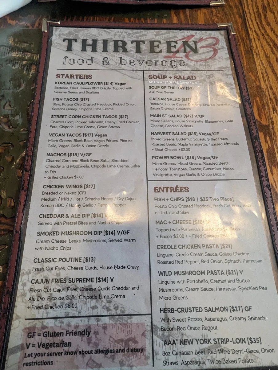 Menu, Thirteen Food & Beverage