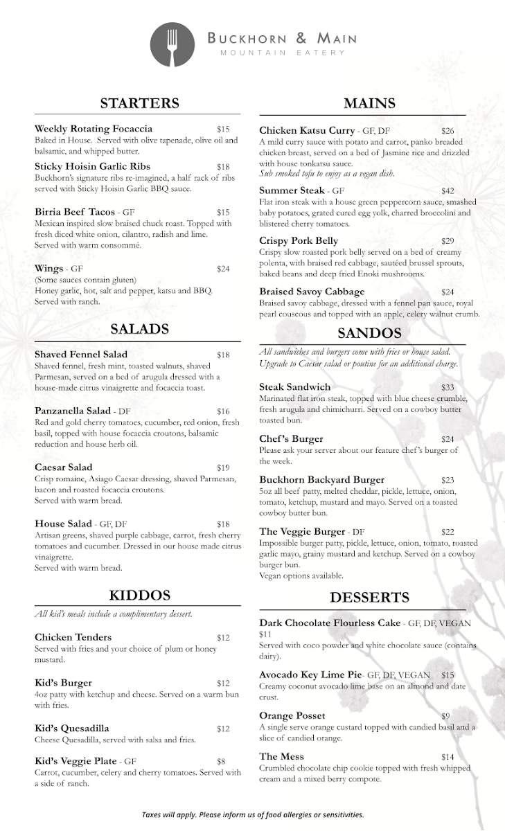 Menu, Buckhorn & Main Mountain Eatery