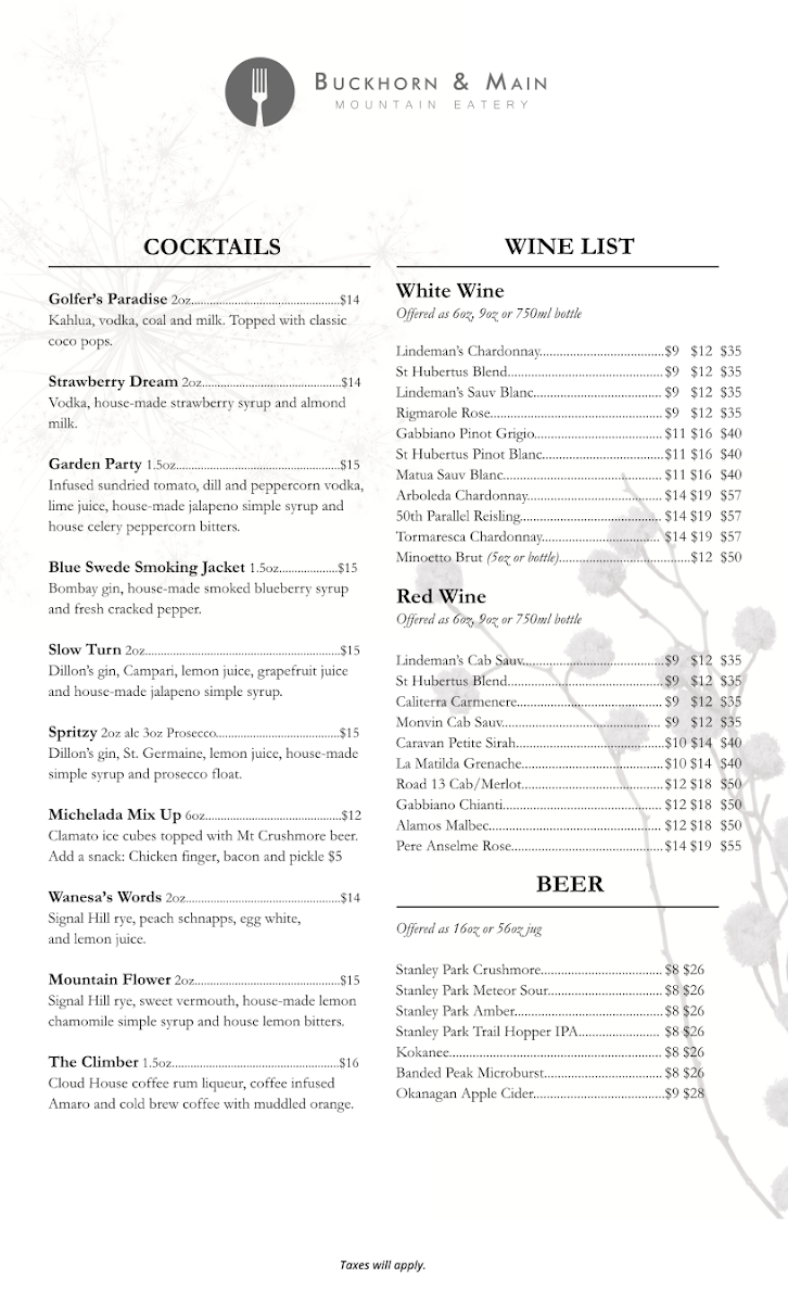 Menu, Buckhorn & Main Mountain Eatery