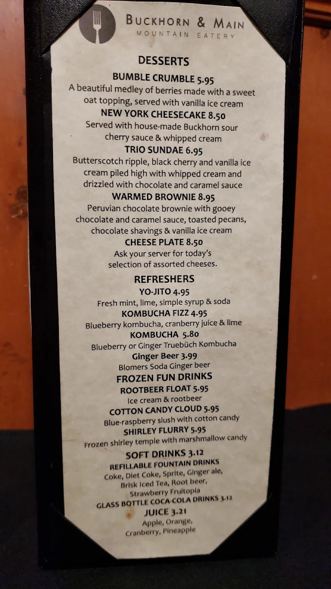 Menu, Buckhorn & Main Mountain Eatery