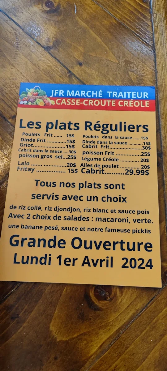 Menu, JFR Marché Traiteur