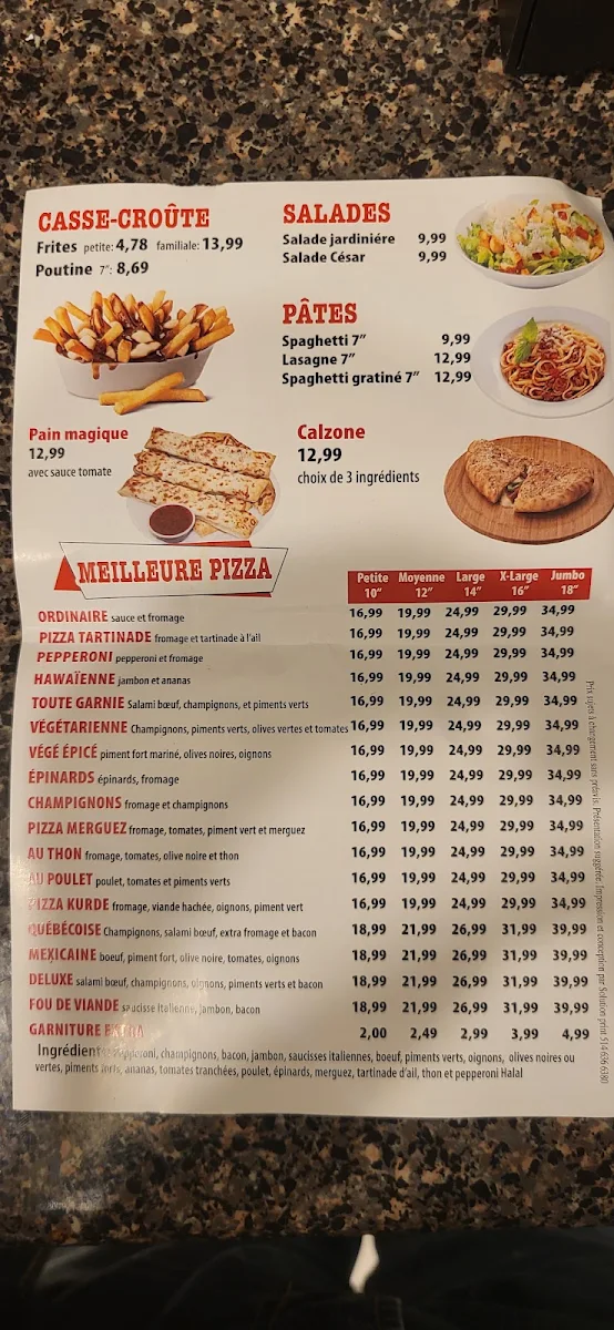 Menu, Pizza Soleil