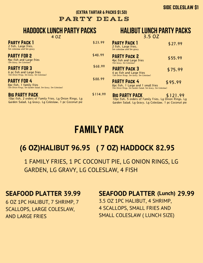 Menu, Hooksey's Fish & Chips
