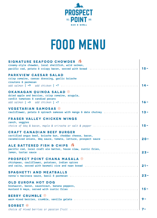 Menu, Prospect Point Café