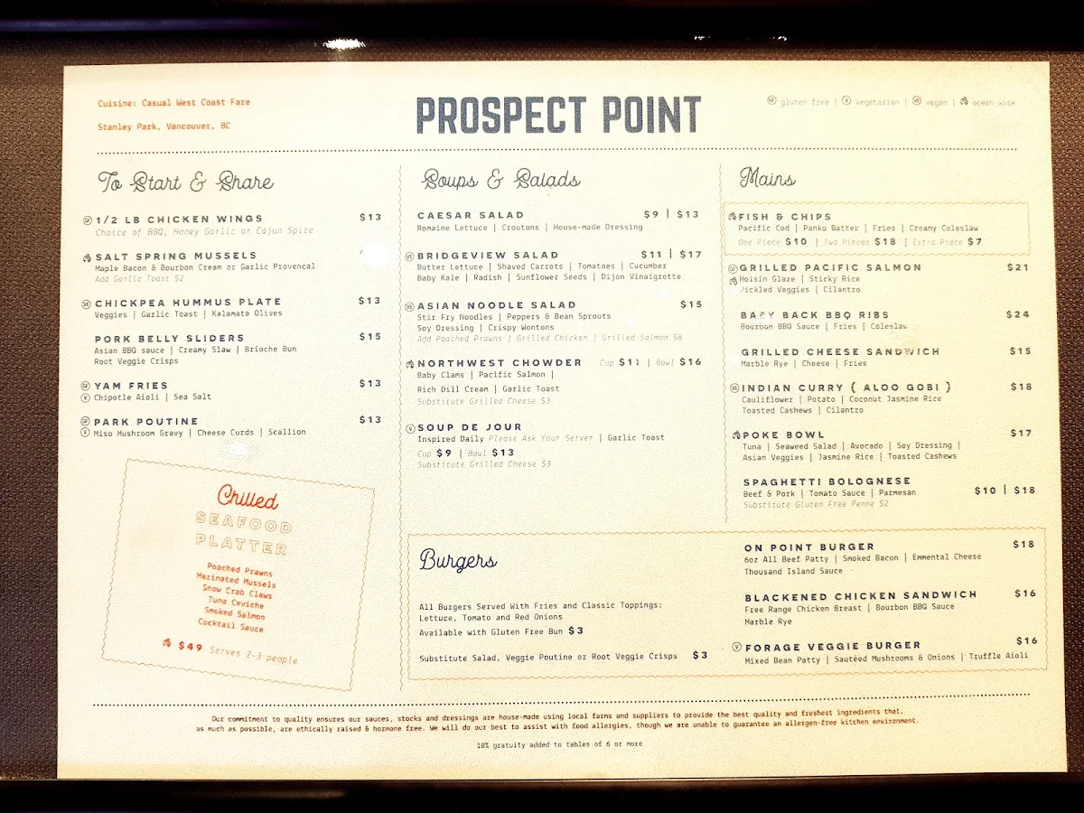 Menu, Prospect Point Café