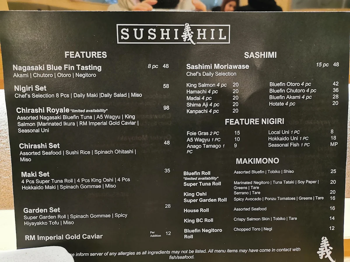 Menu, Sushi Hil