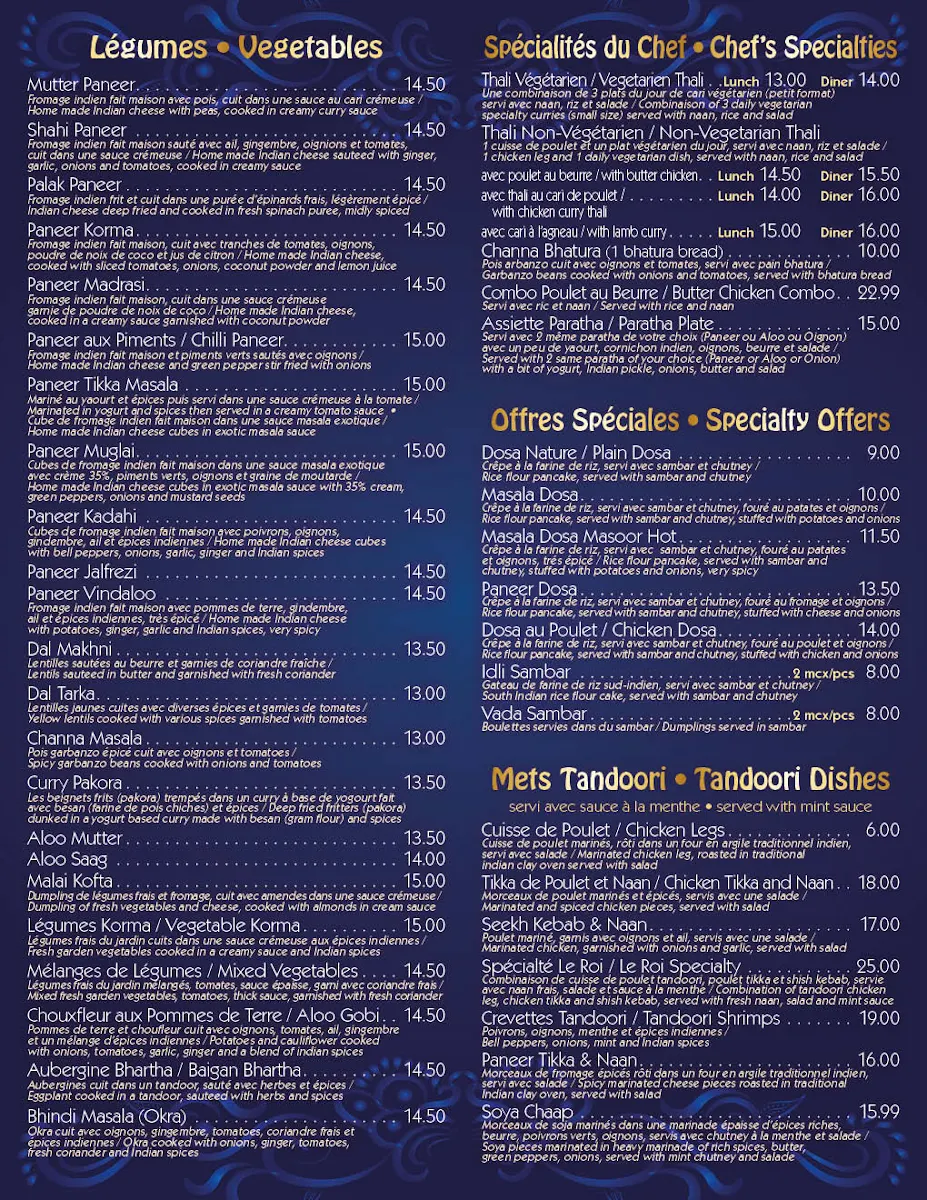 Menu, Roi du curry | Indian Cuisine | Best Indian Restaurant In Montreal | Free Delivery by Restaurant