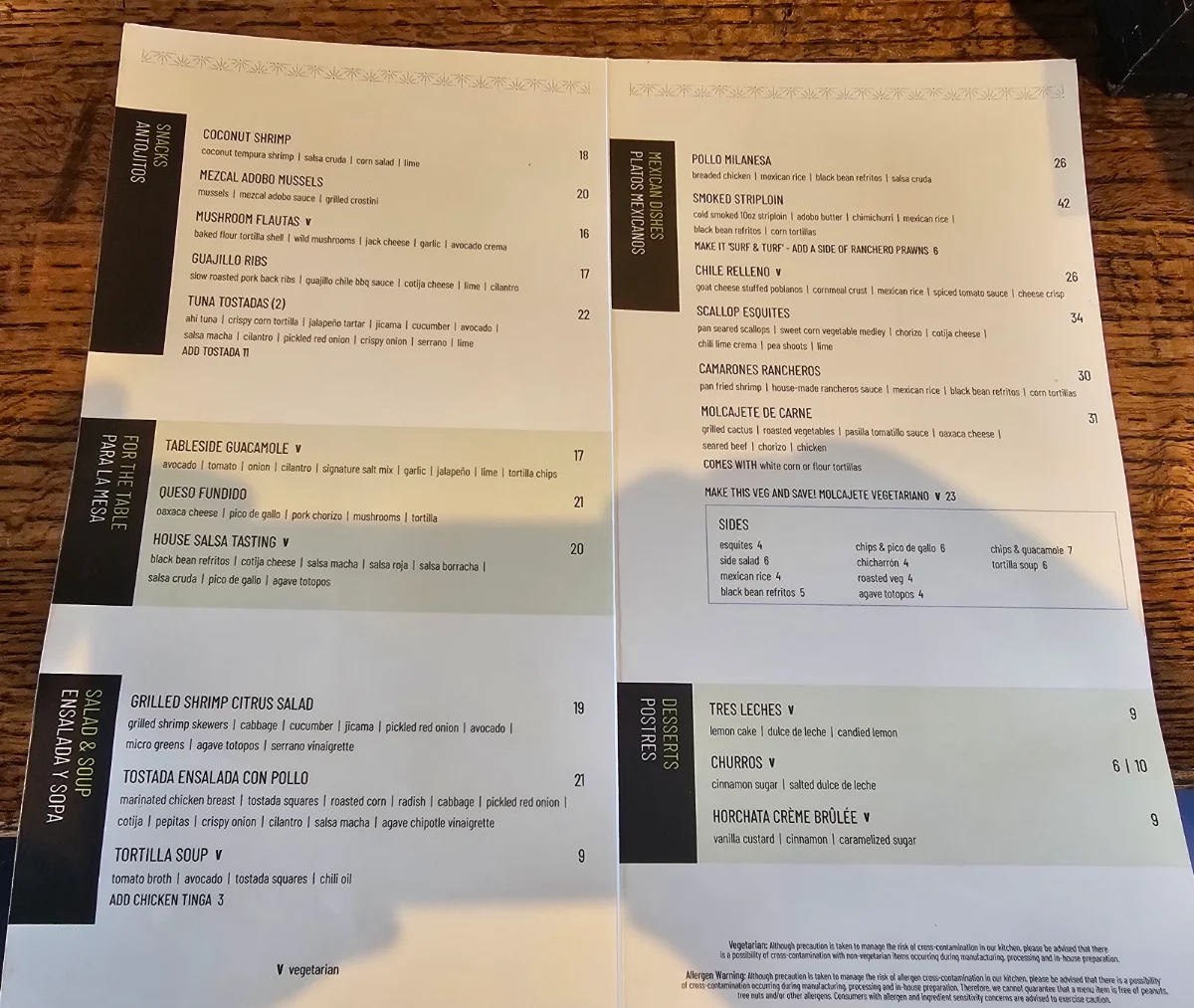 Menu, Añejo Restaurant