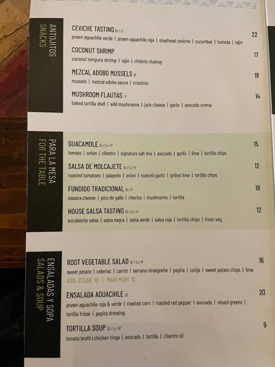 Menu, Añejo Restaurant