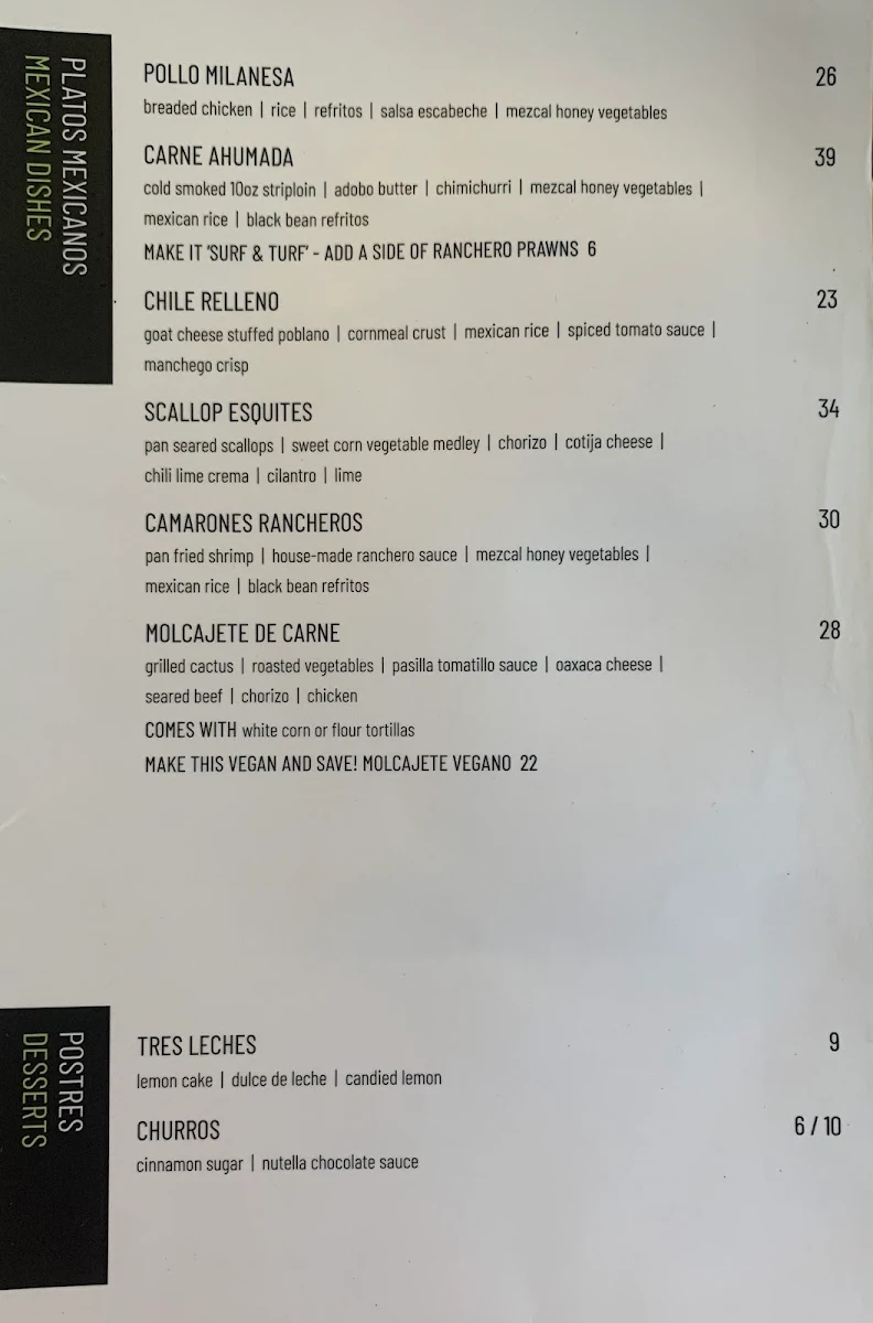 Menu, Añejo Restaurant