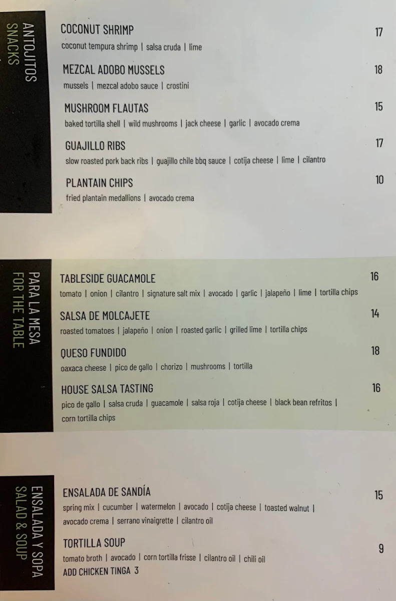Menu, Añejo Restaurant