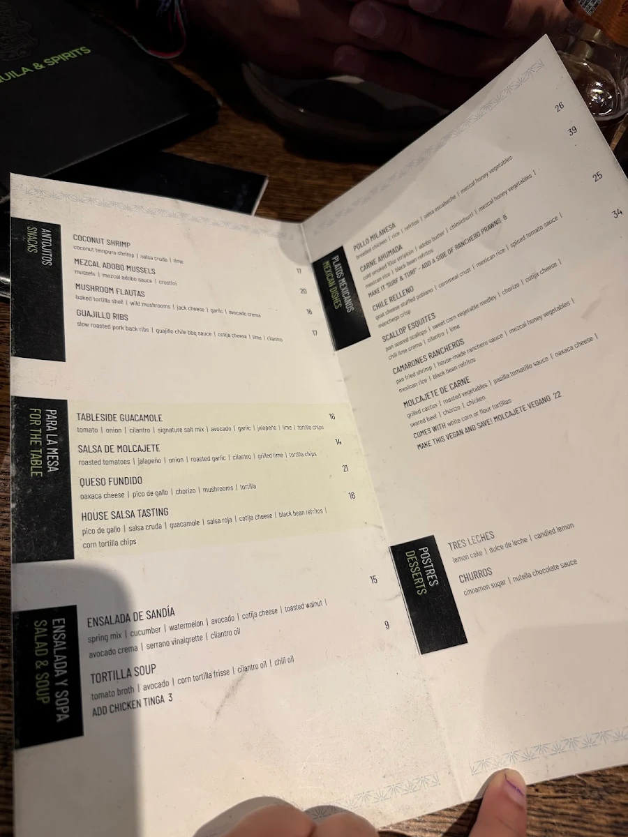 Menu, Añejo Restaurant