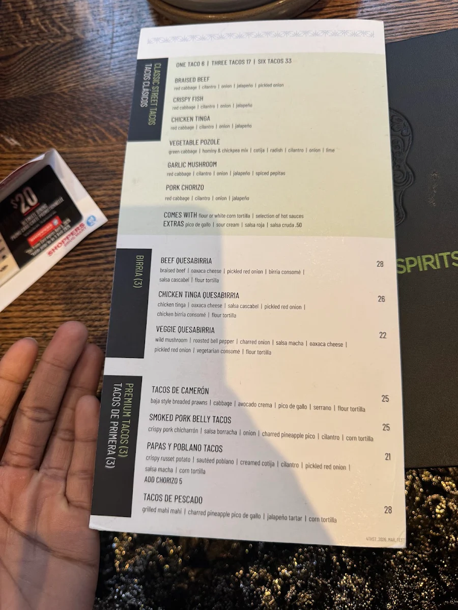 Menu, Añejo Restaurant
