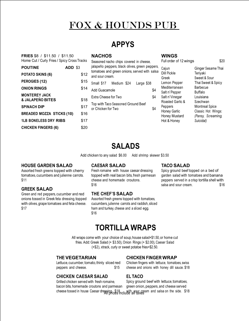Menu, Fox & Hounds Pub and Brewery