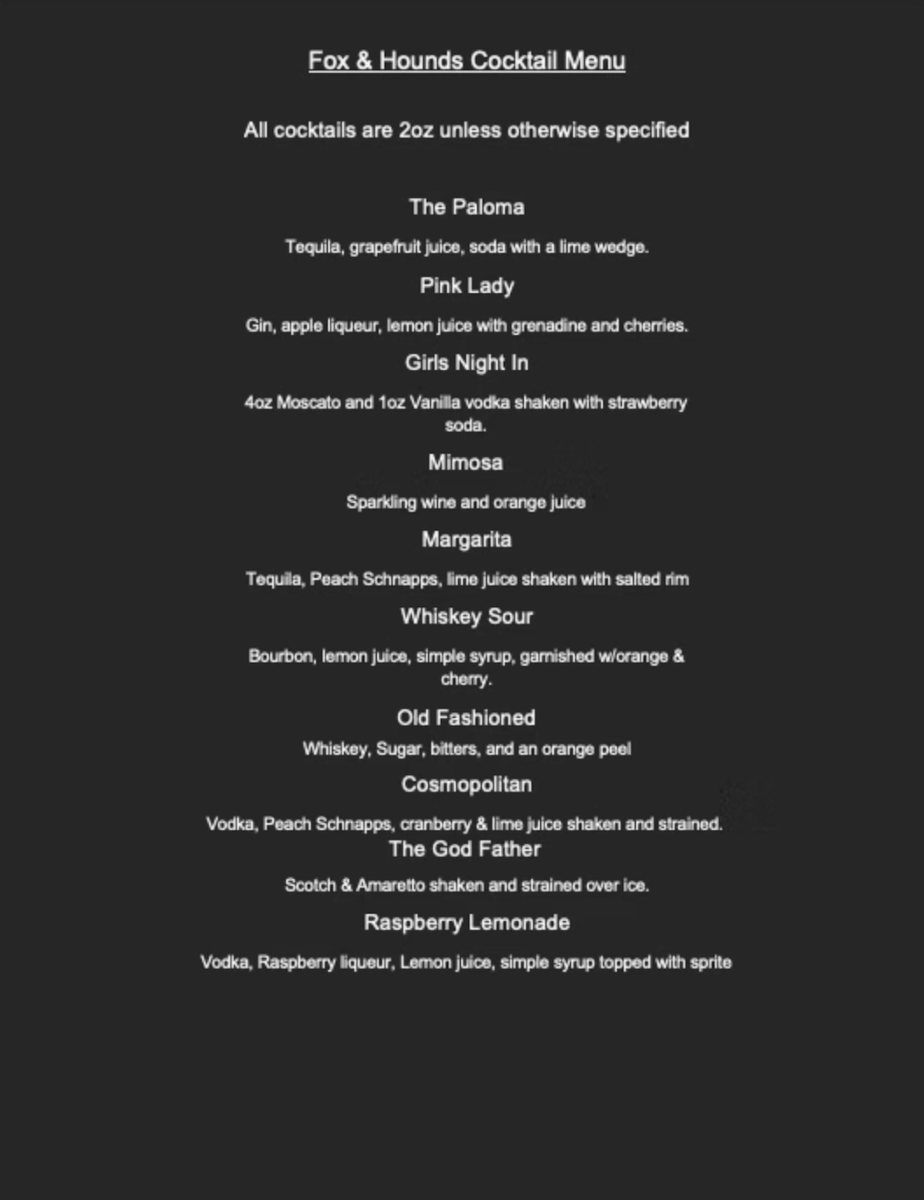 Menu, Fox & Hounds Pub and Brewery