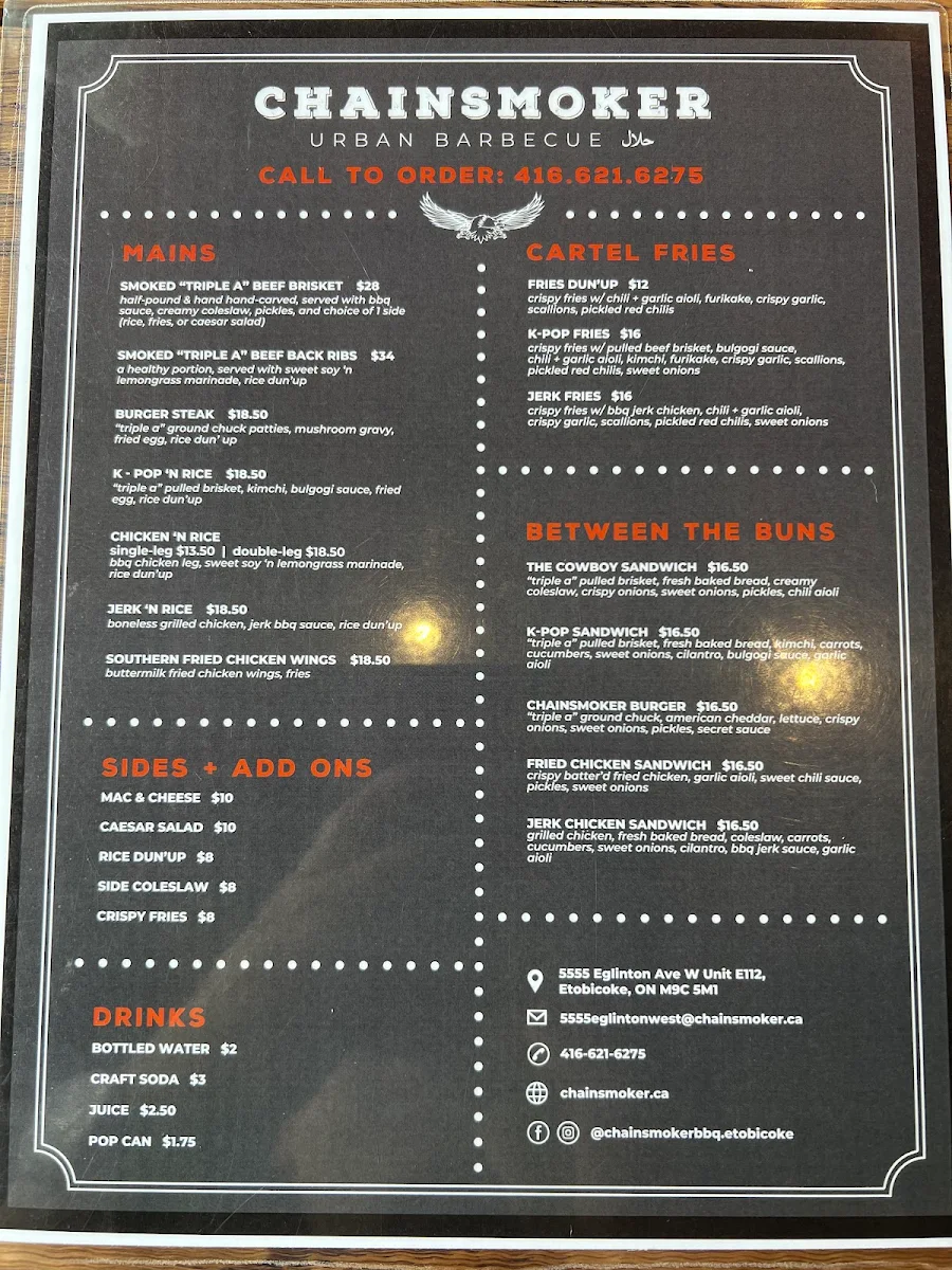 Menu, Chainsmoker Urban BBQ - Etobicoke