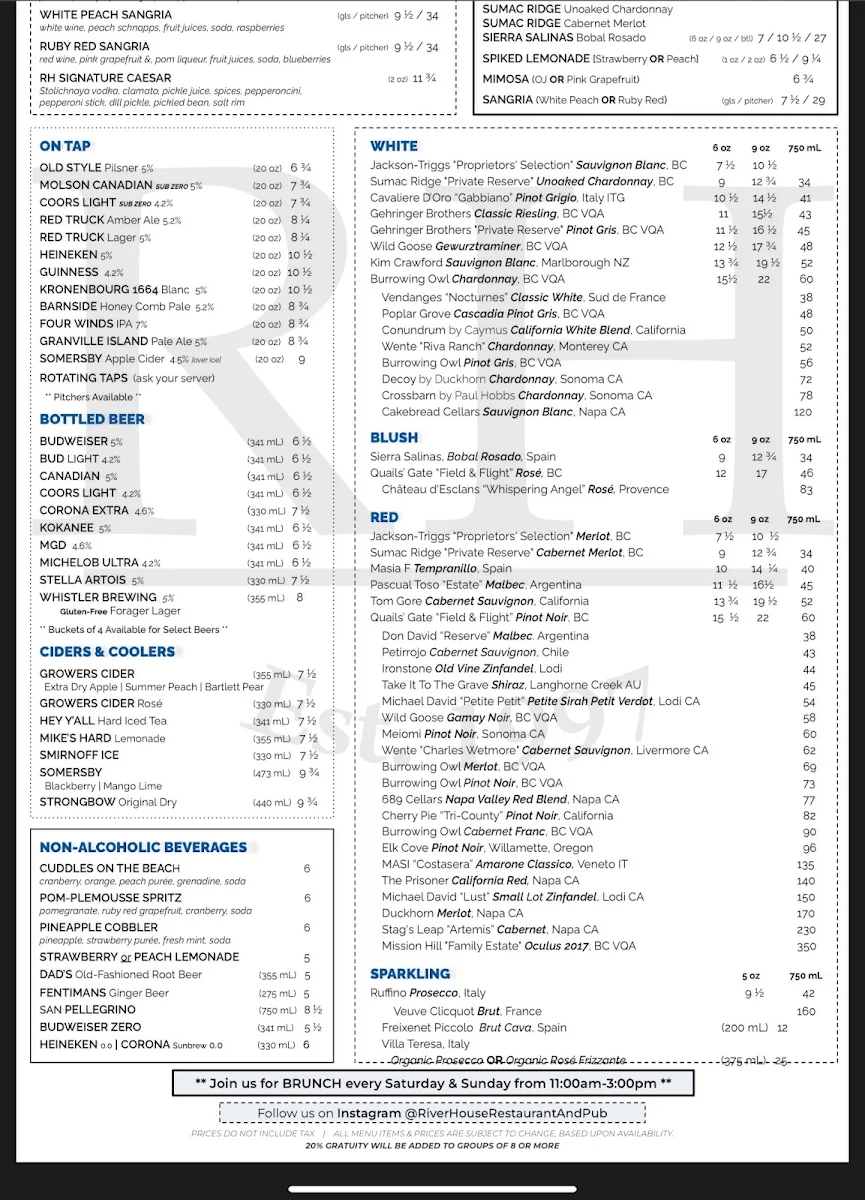 Menu, RiverHouse Restaurant & Pub