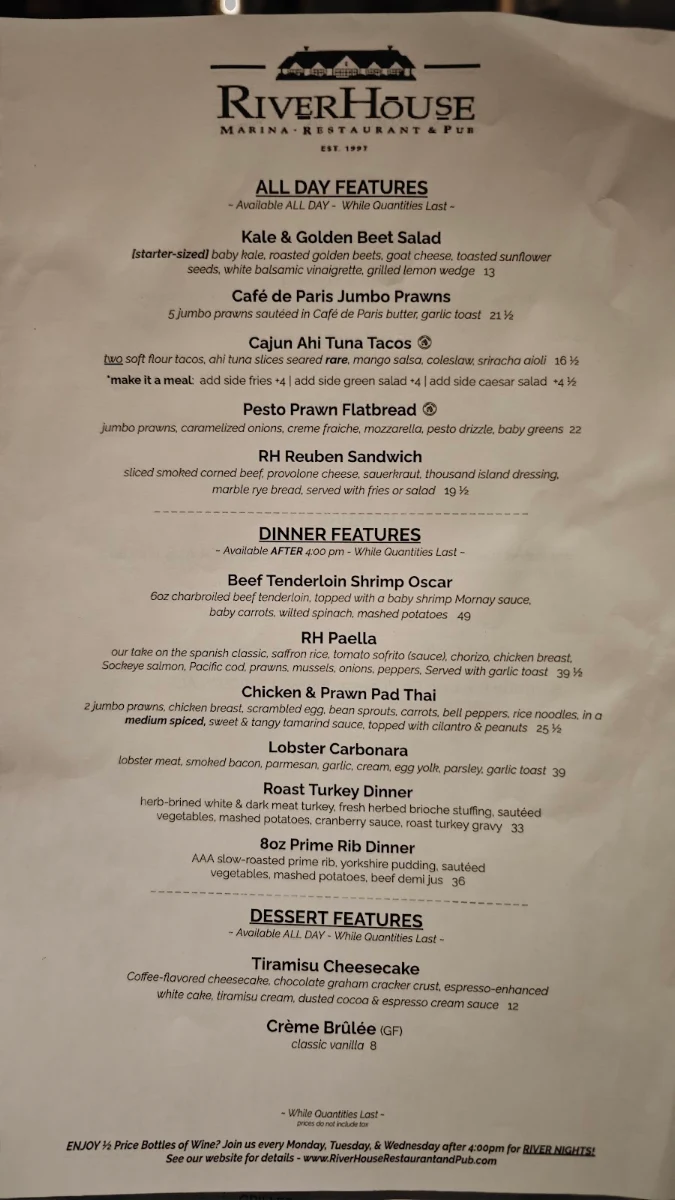 Menu, RiverHouse Restaurant & Pub