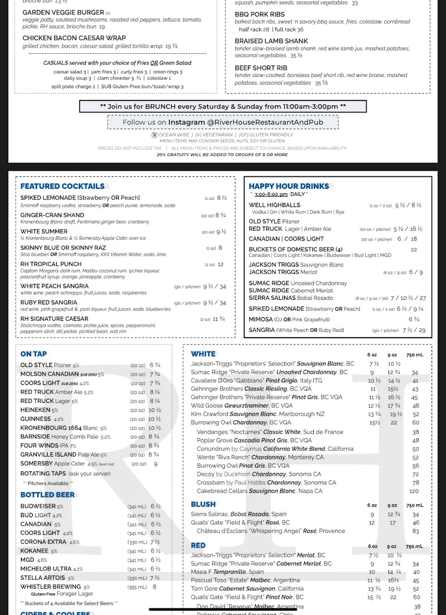 Menu, RiverHouse Restaurant & Pub