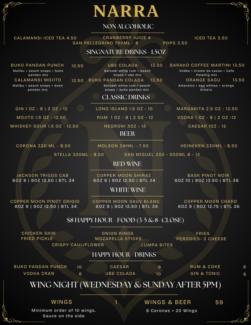 Menu, Narra Restaurant & Lounge