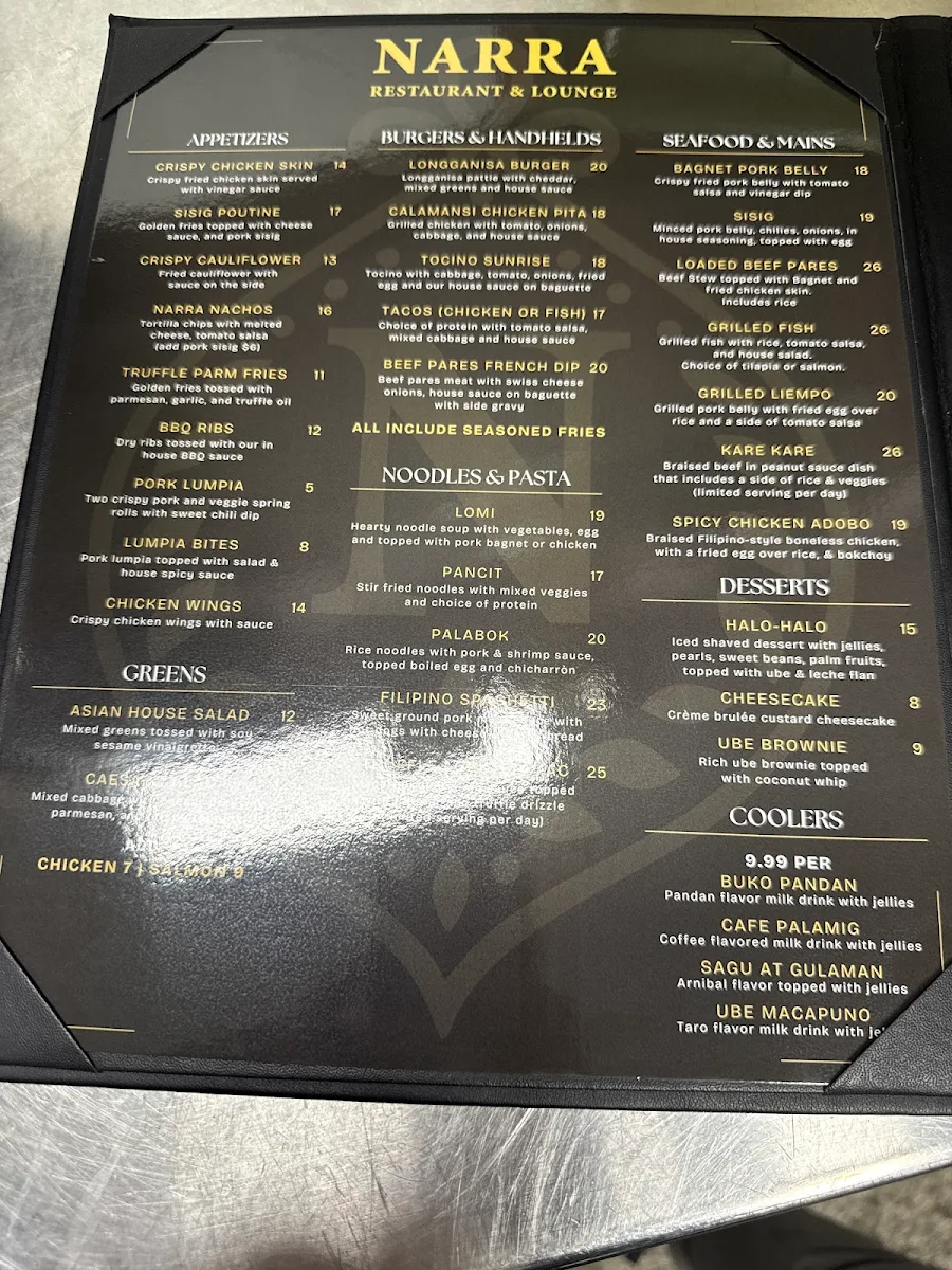 Menu, Narra Restaurant & Lounge