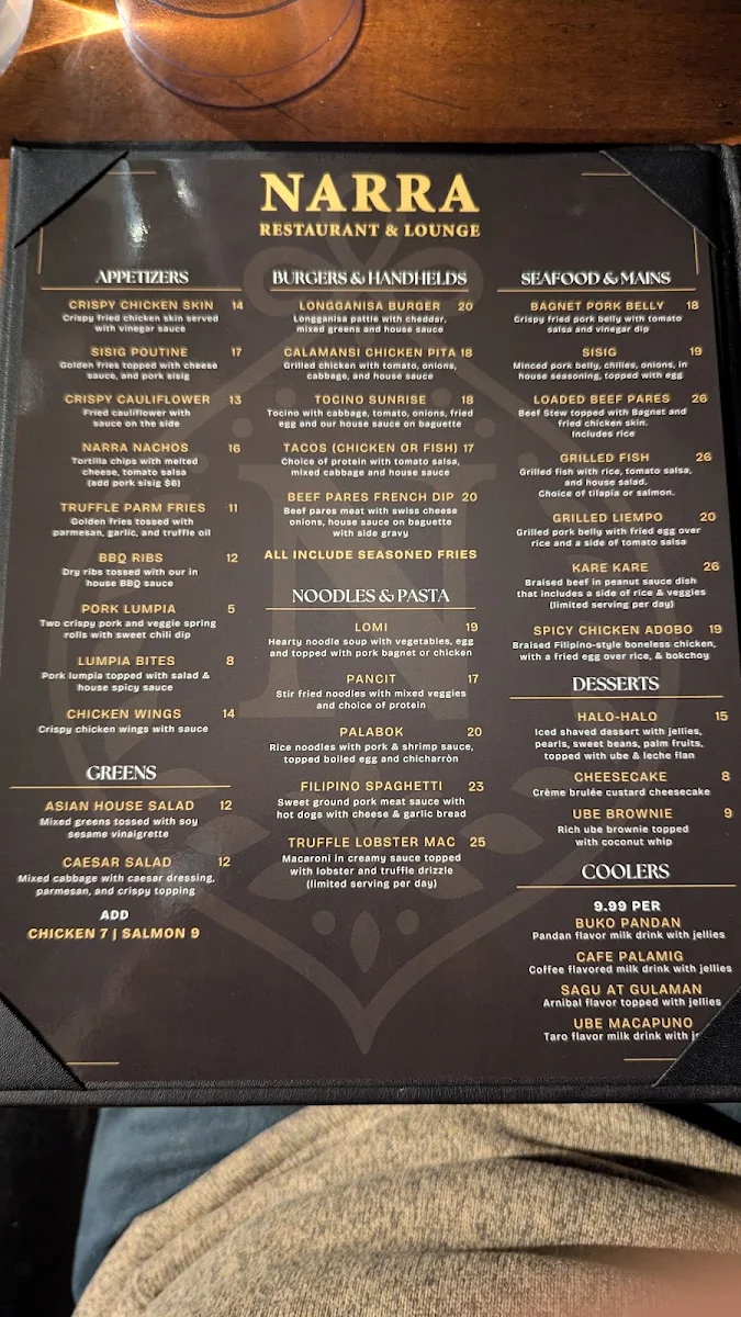 Menu, Narra Restaurant & Lounge