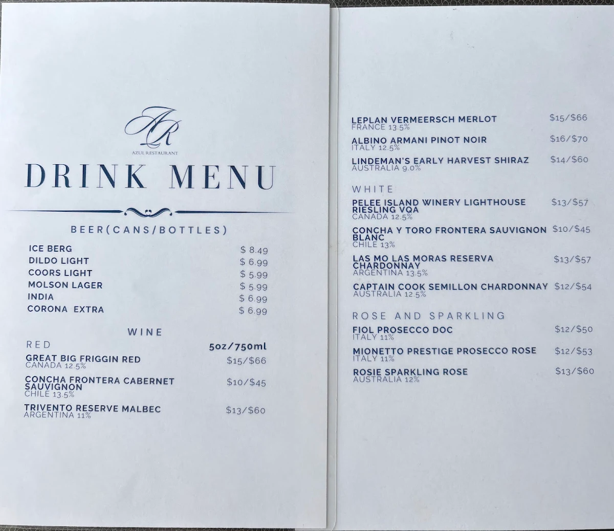 Menu, AZUL Restaurant