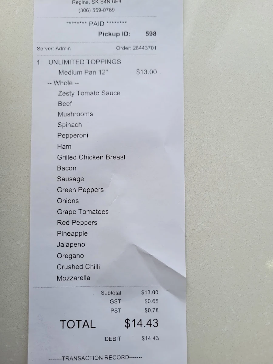Menu, Freshslice Pizza