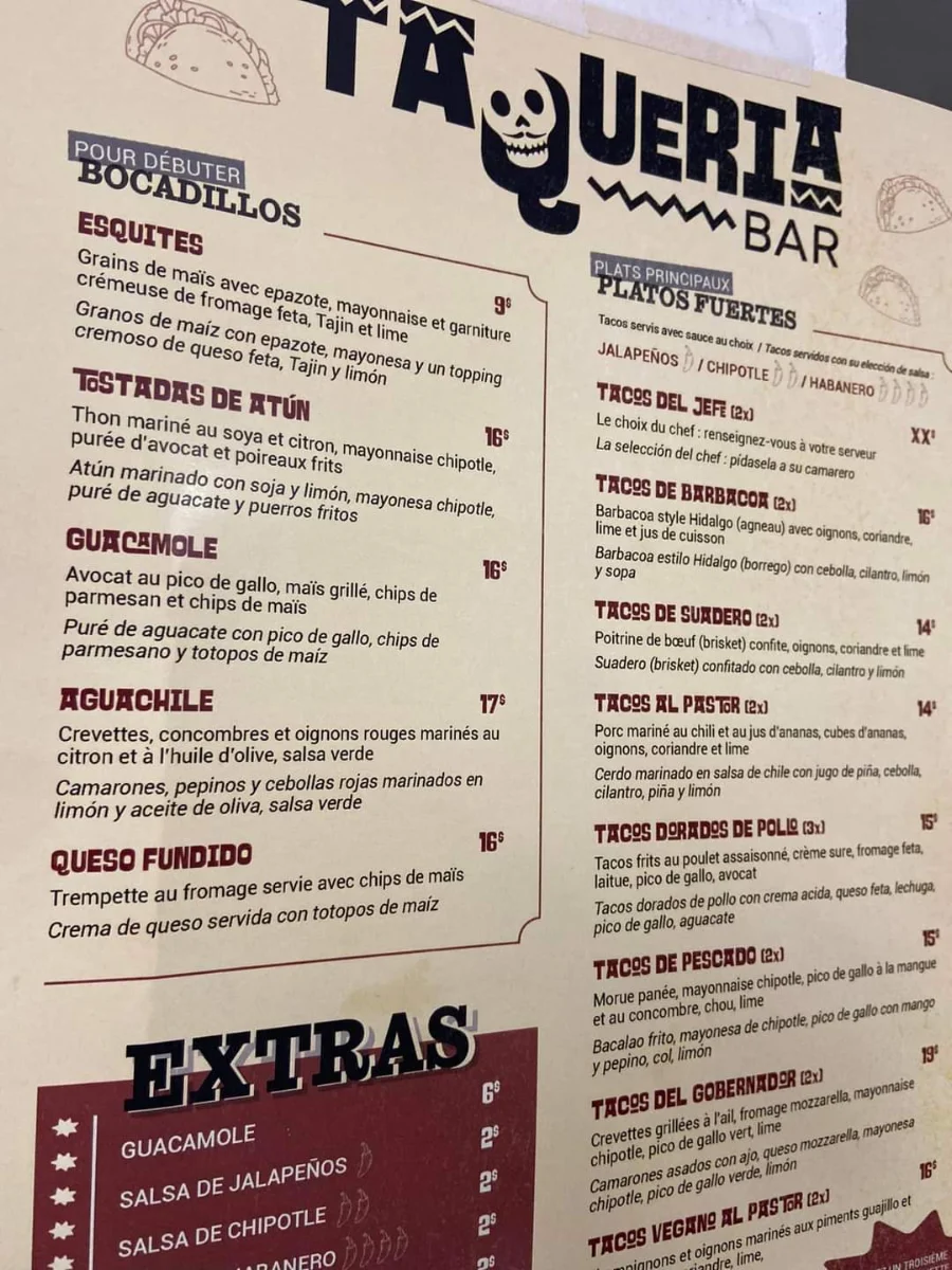 Menu, La Taquería