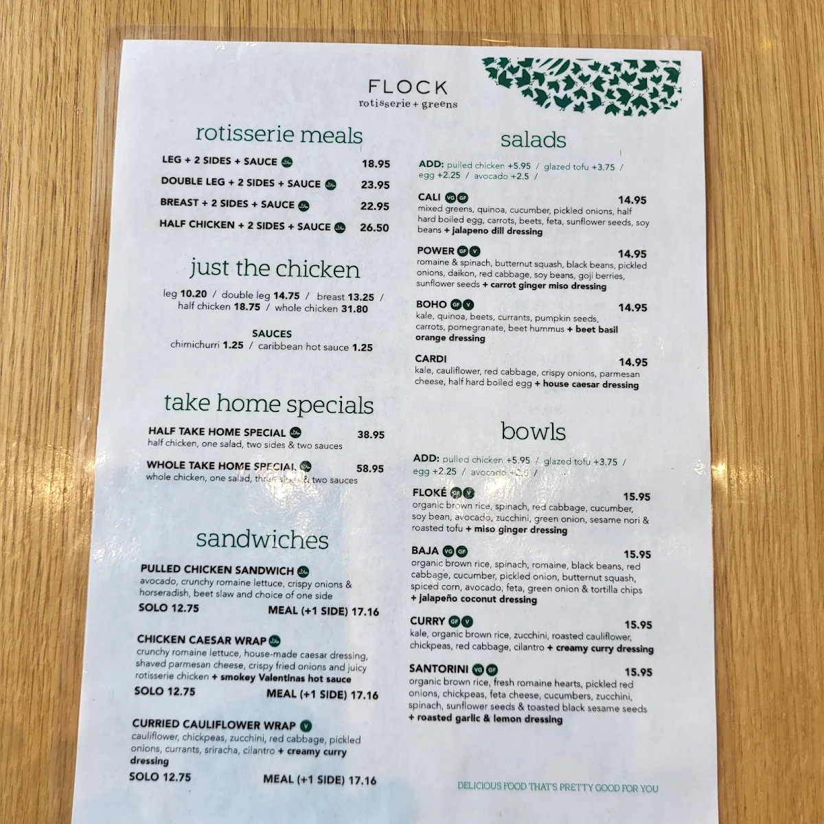 Menu, FLOCK rotisserie + greens