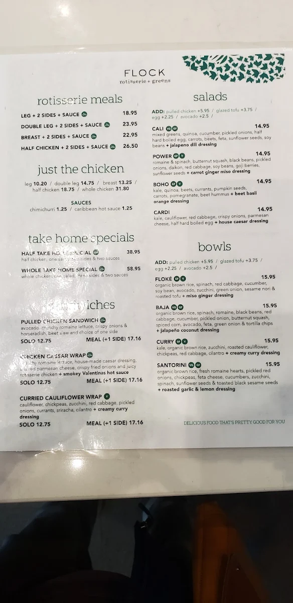 Menu, FLOCK rotisserie + greens